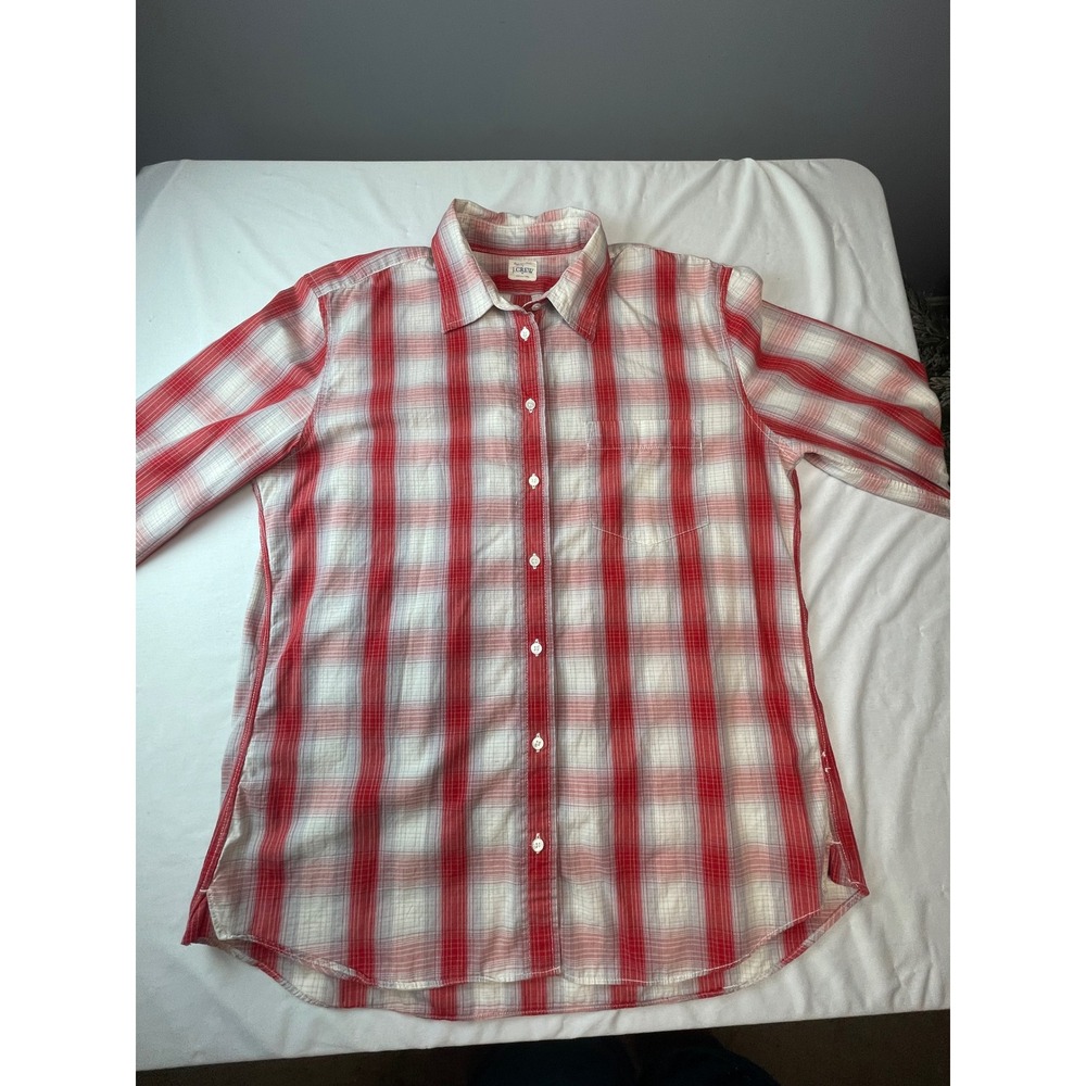 J.Crew Boyfriend Shirt Red White Plaid Cotton Button Down Top Womens Size M